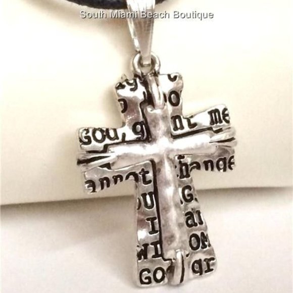 Serenity Prayer Necklace Silver Plated Message AA Al-Anon NA Pendant Black Cord - Picture 3 of 11